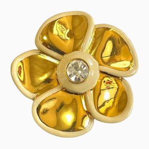 Vintage Ceramic and Golden Brass Flower Brooch with Crystal Pin Brooch from Yves Saint Laurent