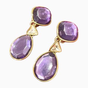 Boucles d'Oreilles Pendantes Vintage Violettes et Dorées avec Gripoix de Yves Saint Laurent, Set de 2