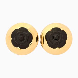 Chanel Vintage Large Golden Frame And Black Camellia, Rose Flower Earrings, Set of 2