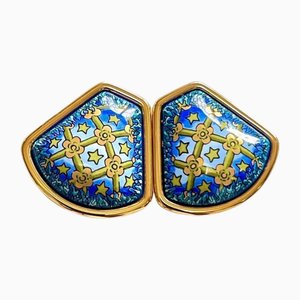 Vintage Cloisonne Enamel Golden Earrings with Star and Flower Design on Blue from Hermes, Set of 2