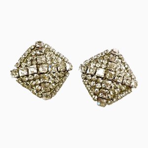 Vintage Large Square Shape Silver Earrings with Crystals from Yves Saint Laurent, Set of 2