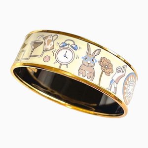 Bracelet Jonc Doré Vintage en Émail Cloisonné avec Illustration Artistique de Hermes