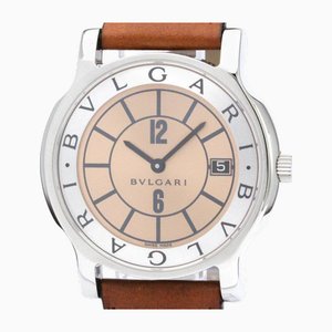 Polished Solotempo Steel and Leather Quartz Mens Watch from Bvlgari