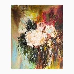 Lalabel, Bouquet con peonie e rose, 2023, Olio e acrilico su tela