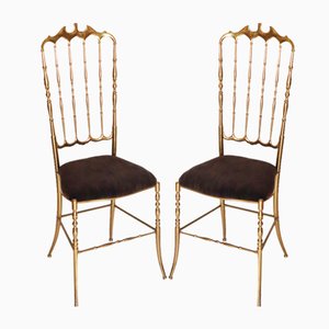 Brass & Velvet Corduroy Chiavari Chairs, 1950s, Set of 2