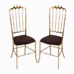 Set of Brass & Velvet Corduroy Chiavari Chairs, 1950s