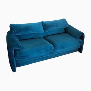 Vintage Blue Velvet 2-Seater Sofa by Vico Magistretti for Cassina, Italy, 1970s