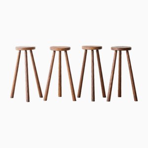 French Brutalist Oak Bar Stools, 1960s, Set of 4