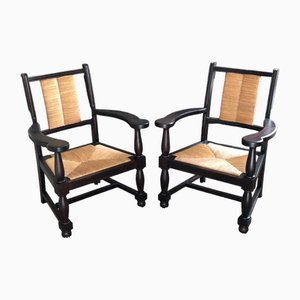 Set of Neo Basque Armchairs in Oak with Straw-Covered Seats and Backs, 1950