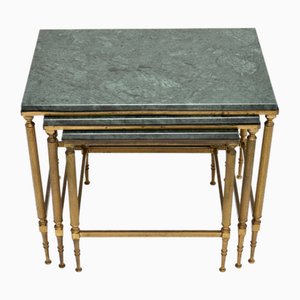 Vintage French Brass and Marble Nesting Tables, 1970, Set of 3