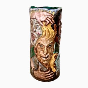 Handbemalte Vintage Vase mit Gesichtern von Tullio Dalbisola, 1960er