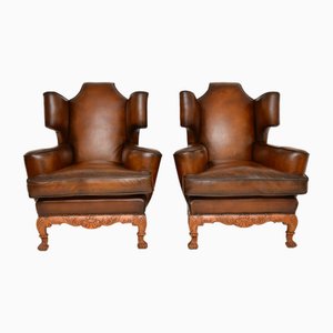 Antique Leather Wing Back Armchairs, 1920s, Set of 2