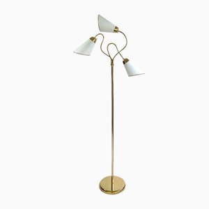 Triple Gooseneck Brass & Off White Fabric Floor Lamp, Sweden, 1950s