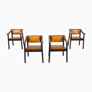 Mid-Century Modern 4 Armchairs in Wood and Leather in the style of Scarpa, Italy, 1960s, Set of 4