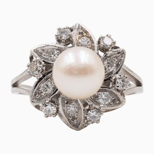 Bague Vintage en Or blanc 18k avec Perles et Diamants, 1960s