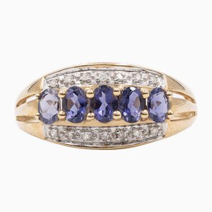 9k Yellow Gold Ring with Iolites and Diamonds