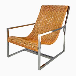 Italian Rattan and Chromed Metal Armchair attributed to Lyda Levi, 1970s