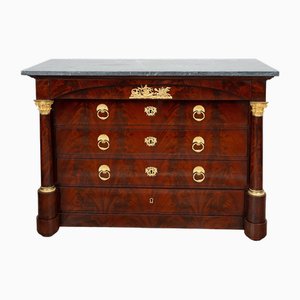 Antique French Empire Chest of Drawers in Mahogany Feather with Bardiglio Gray Marble Top, Early 19th Century