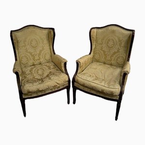 Fauteuils à oreilles Louis XVI en Tissu de Soie Jaune, Fin 19ème Siècle, Set de 2