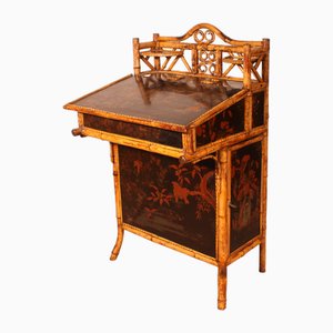 19th Century Secretary Davenport in Bamboo and Lacquer with Asian Decor