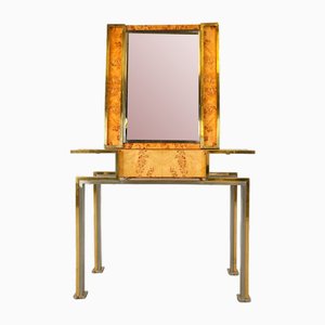 Consola vintage de madera nudosa con espejo, años 70. Juego de 2