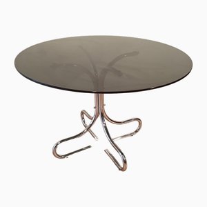 Mid-Century Italian Chrome and Steel Coffee Table with Round Smoked Glass Top, 1960s