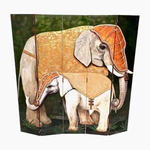 Postmodern Five-Panel Room Divider by Doro with Two Asiatic Elephants, Italy, 1980s