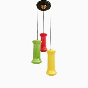 Red, Yellow and Green Three-Light Cased Glass Chandelier attributed to Vistosi, Italy