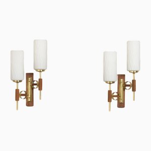 Teak and Brass Wall Sconces in the style of Lunel, 1960s, Set of 2