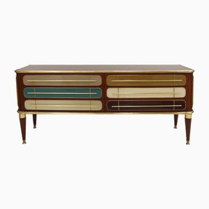 Italian Sideboard in Wood with Colored Glass, 1950s