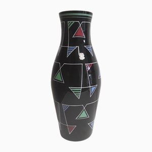 Jarrón Mid-Century de vidrio negro con decoración geométrica en colores de Veb Kunstglas Wasungen, años 60