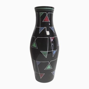 Mid-Century Black Glass Vase with Hand-Painted Geometric Colored Decor by Veb Kunstglas Wasungen, 1960s