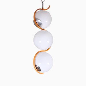 Pendant Lamp in Orange Metal and Three Glass Bowls