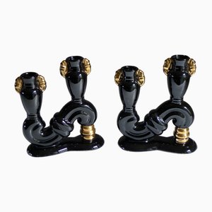 Mid-Century Candlesticks in Black and Gold Earthenware, 1950s, Set of 2
