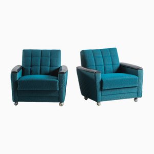 Vintage Blue Fabric and Leatherette Armchairs on Wheels, Germany, 1970s, Set of 2