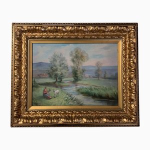 Paul Huntington Genteur, Paysage au bord d'un lac, XXe siècle, huile sur toile, encadrée