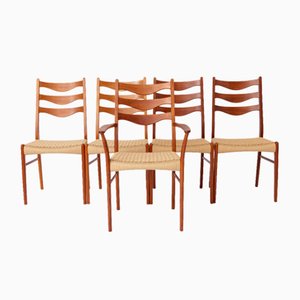 Mid-Century Teak Dining Chairs with Papercord Seats from Glyngøre Stolefabrik, 1960s, Set of 5