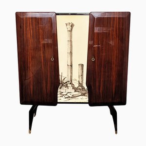 Mid-Century Art Deco Italian Tall Wood Brass Decorated Dry Bar Cabinet, 1960s
