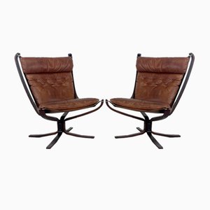 Vintage Leather High Backed Falcon Chairs by Sigurd Resell, Set of 2