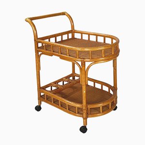 Mid-Century Modern Italian Shelves Bottle Holders Cart in Rattan Bamboo, 1960s