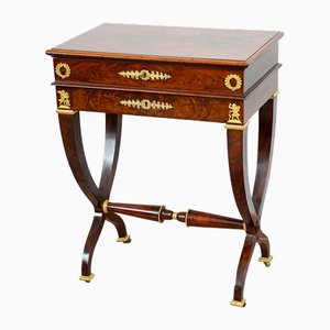 French Empire Work Table in Mahogany Feather with Gilded Bronze Elements, 19th Century