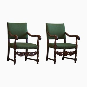 French Armchairs in Oak and Wool, 1920s, Set of 2