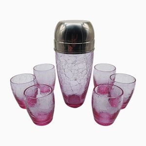 Juego de coctelera y vasos vintage de vidrio Cracle rosa, años 60. Juego de 7