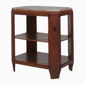 Art Deco French Side Table in Wood with Inlay and Red Marble Top, 1940s