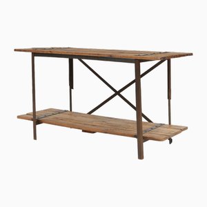 Tavolino industriale con struttura in metallo e ripiano in legno, Belgio, anni '20