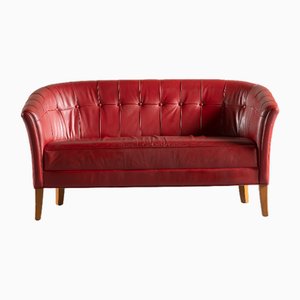Mid-Century Red Leather Cocktail Sofa, Denmark, 1970s