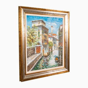 Continental School Artist, Canale veneziano, anni '80, Olio su tela, Con cornice