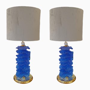 Lampade da tavolo a forma di disco floreale in vetro di Murano blu, set di 2