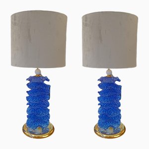 Lámparas de mesa con discos florales de cristal de Murano azul. Juego de 2