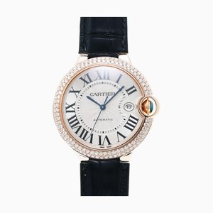 CARTIER Ballon Bleu LM Double Diamond Bezel WE900851 Herren RG/Leder Uhr Automatik Silbernes Zifferblatt